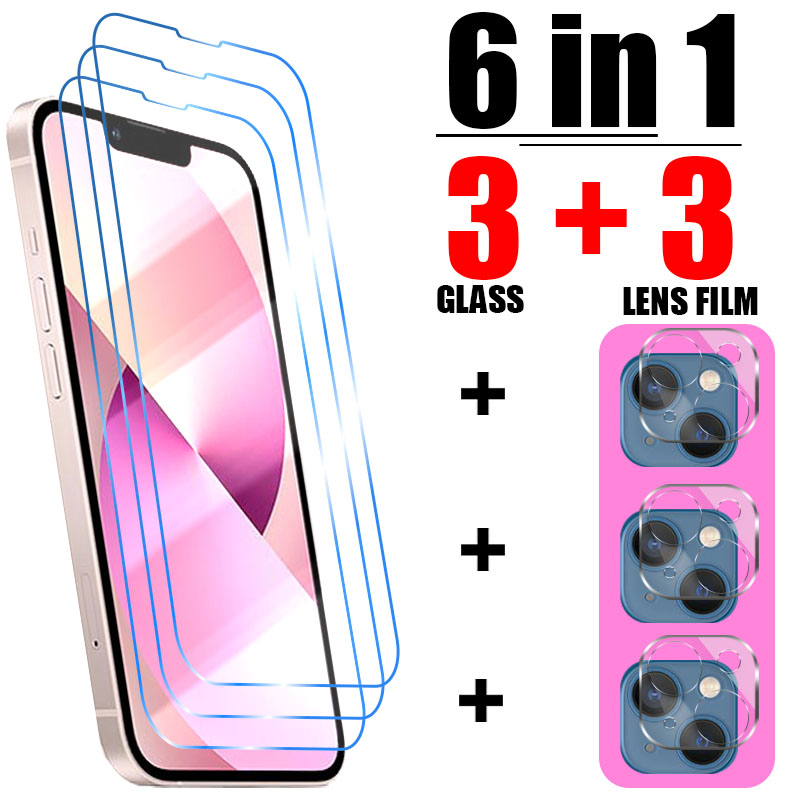 6IN1 Tempered glass for iPhone14 Plus 13 12 11 mini Xs max XR X 8 7 6 6S Plus SE screen protector for 14 13 12 11 Pro Max glass