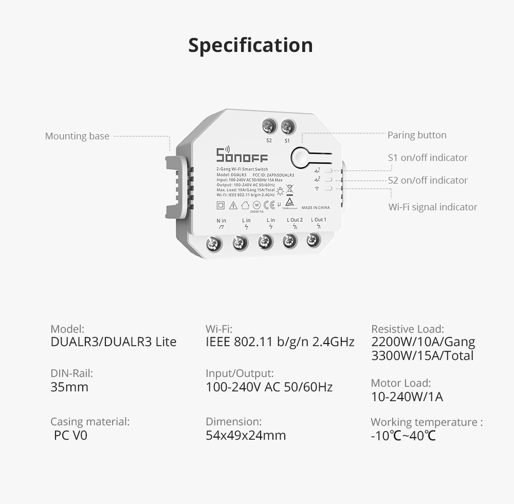 SONOFF DUAL R3 2 Gang Dual Relay Module DIY MINI Smart Switch Power Metering Smart Home Control Via eWeLink Alexa Google Home