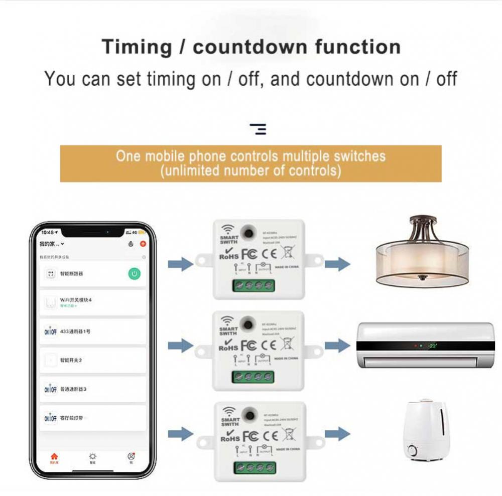 Aubess 10A Smart Switch RF/RF433 + WiFi Dual Control Smart Switches Module On-off Device Tuya Single Wire Intelligent Switch