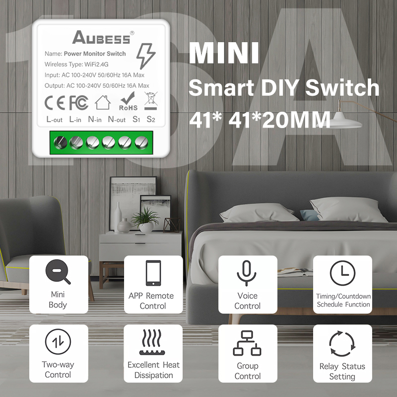 Tuya Smart Switch Wifi MINI Energy Monitoring Switch Module 16A Support 2ch Control Timer Smart Home Alexa Google Home Yandex