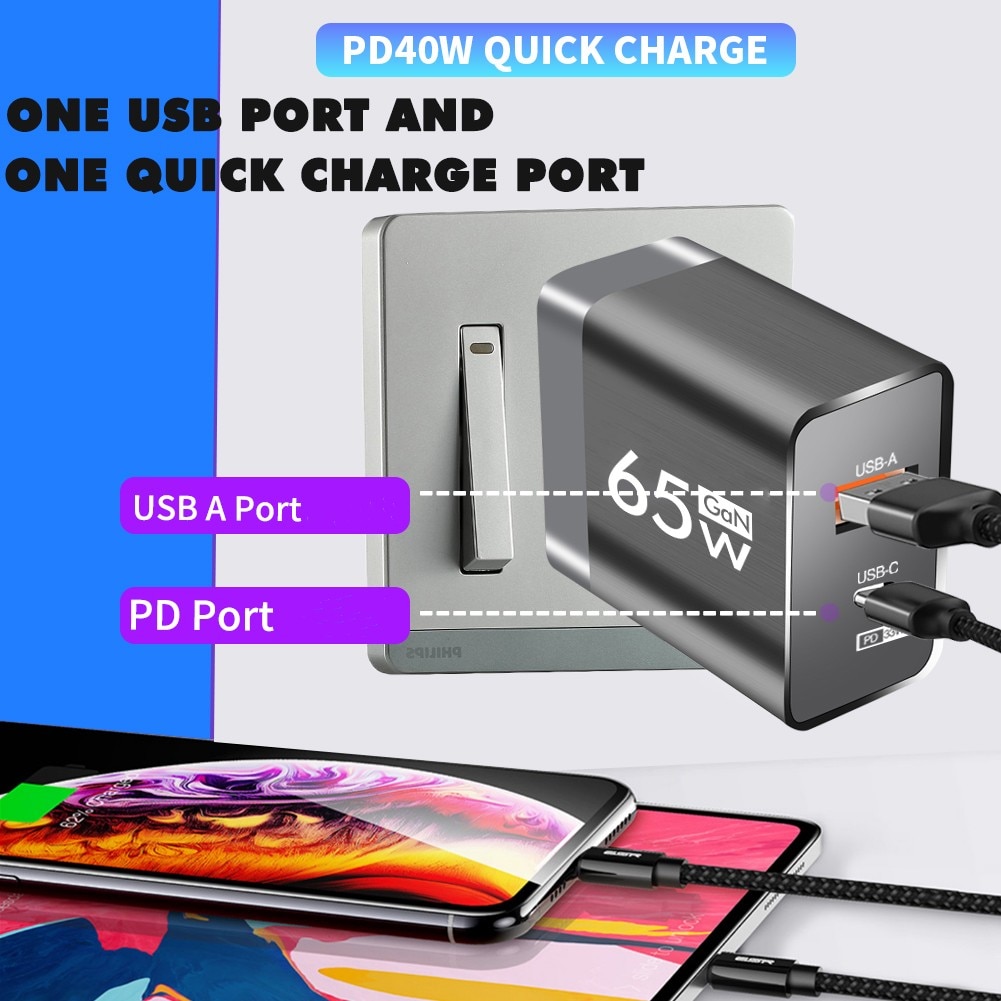 GaN 65W PD USB Charger Fast Charging Quick Charger 3.0 Portable PD Phone Charger For Huawei Xiaomi Poco iPhone 14 13 Pro Samsung