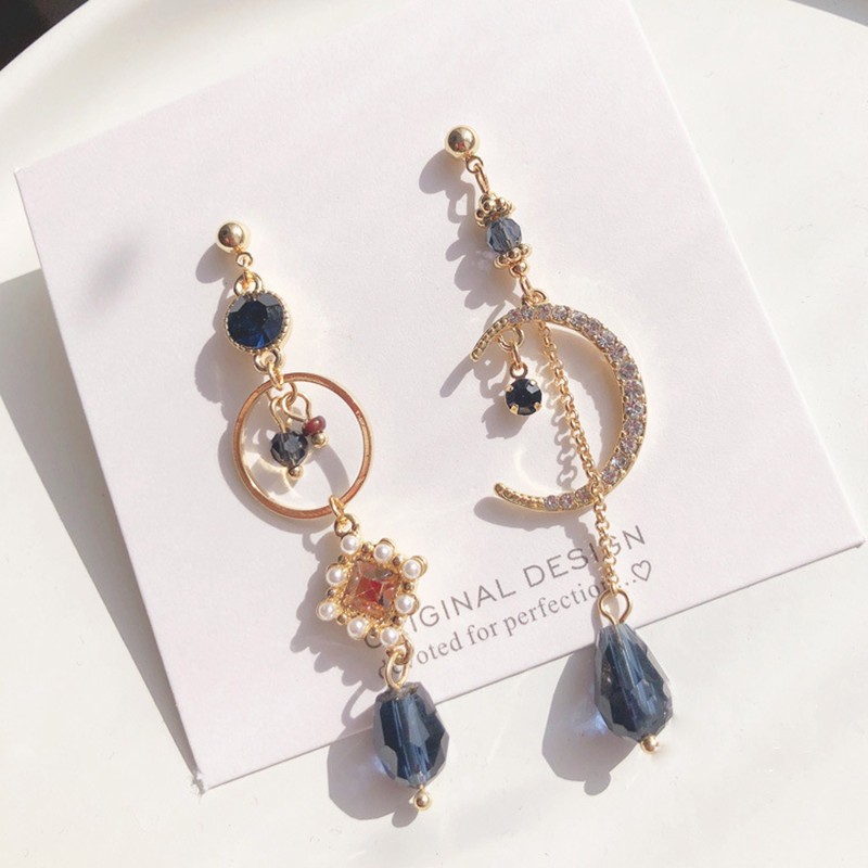 New 2020 sweet shiny crystal geometric circular Drop earrings long asymmetric fine Moon modelling fashion Women earrings