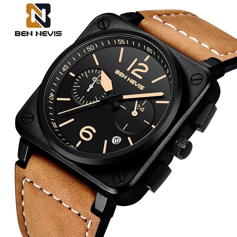 Relogio Masculino BEN NEVIS Watch Men Top Brand Chronograph Mens Watches Waterproof Leather Sport Square Quartz Watch For Men