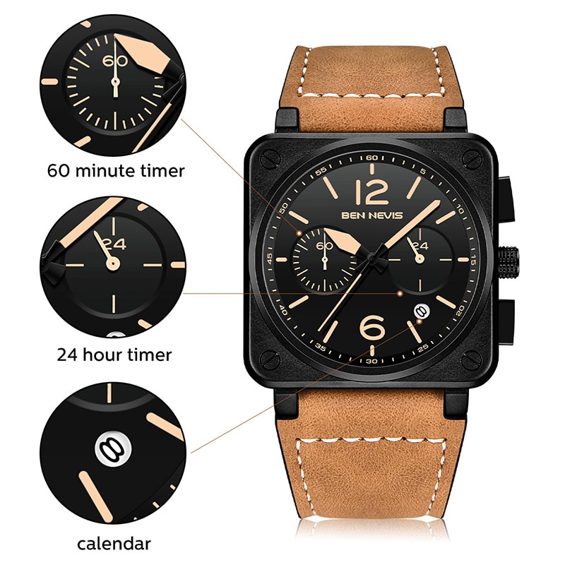 Relogio Masculino BEN NEVIS Watch Men Top Brand Chronograph Mens Watches Waterproof Leather Sport Square Quartz Watch For Men