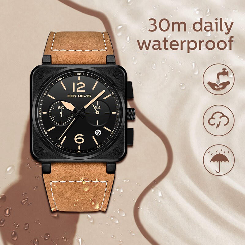 Relogio Masculino BEN NEVIS Watch Men Top Brand Chronograph Mens Watches Waterproof Leather Sport Square Quartz Watch For Men