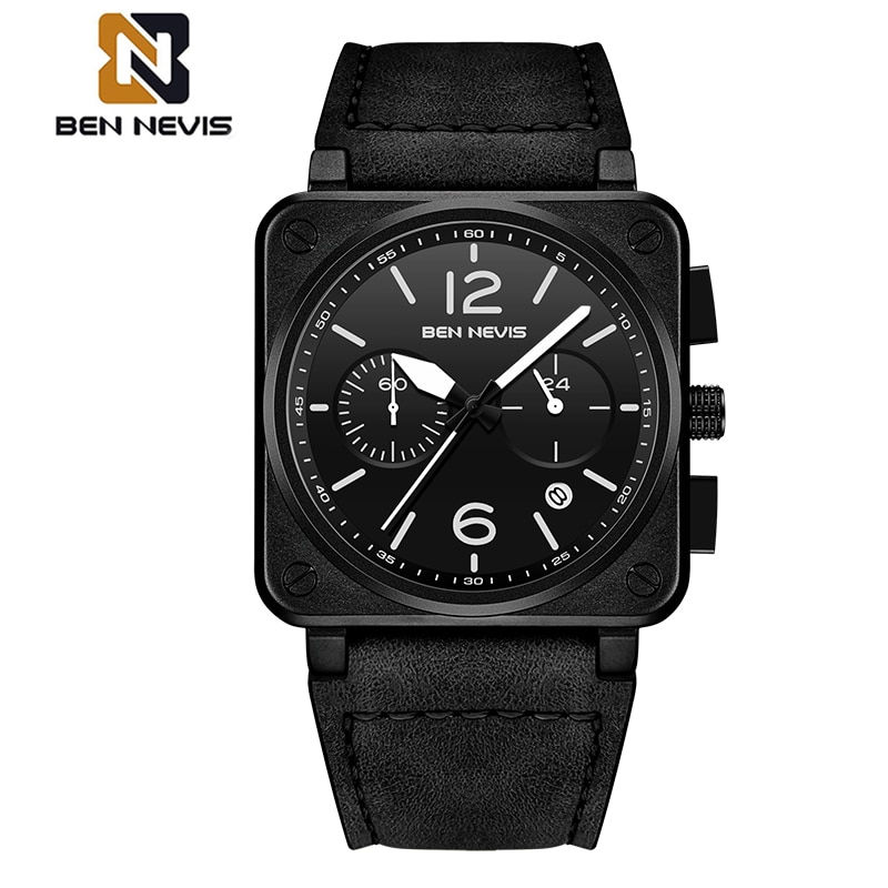 Relogio Masculino BEN NEVIS Watch Men Top Brand Chronograph Mens Watches Waterproof Leather Sport Square Quartz Watch For Men