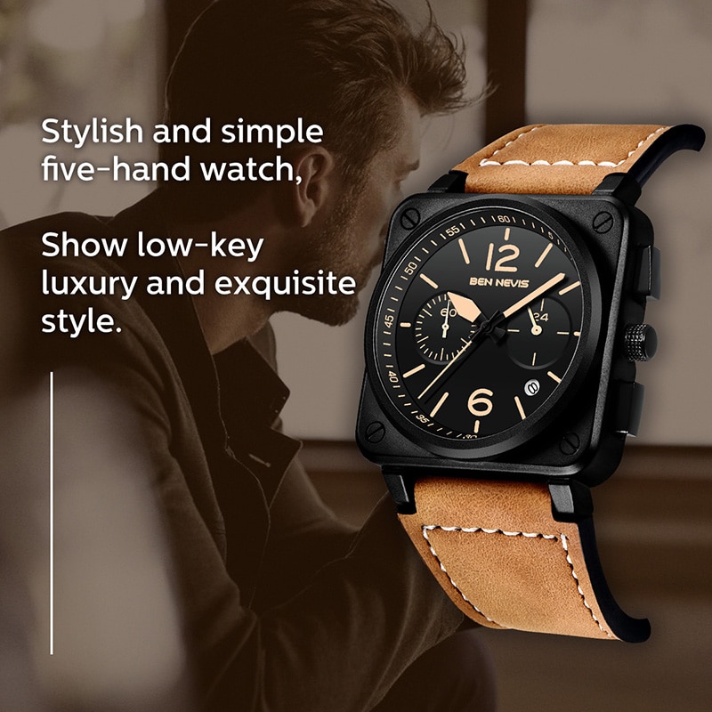 Relogio Masculino BEN NEVIS Watch Men Top Brand Chronograph Mens Watches Waterproof Leather Sport Square Quartz Watch For Men