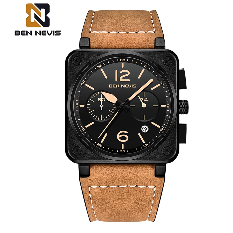 Relogio Masculino BEN NEVIS Watch Men Top Brand Chronograph Mens Watches Waterproof Leather Sport Square Quartz Watch For Men