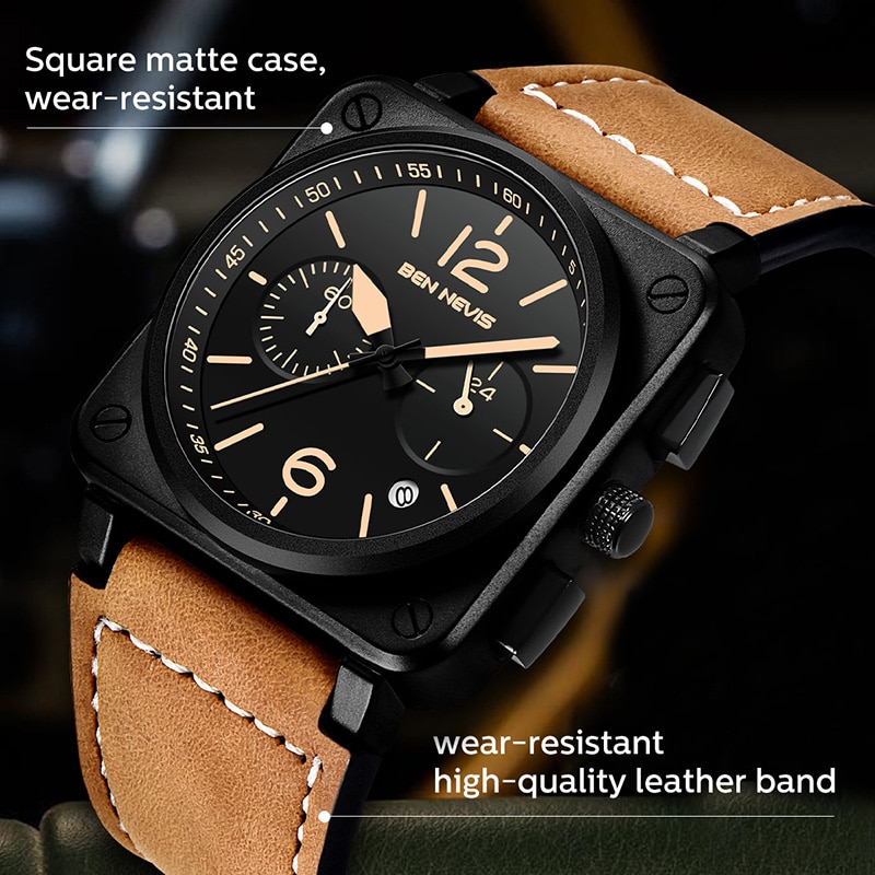 Relogio Masculino BEN NEVIS Watch Men Top Brand Chronograph Mens Watches Waterproof Leather Sport Square Quartz Watch For Men