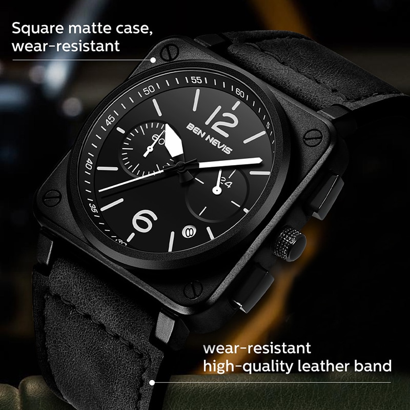 Relogio Masculino BEN NEVIS Watch Men Top Brand Chronograph Mens Watches Waterproof Leather Sport Square Quartz Watch For Men