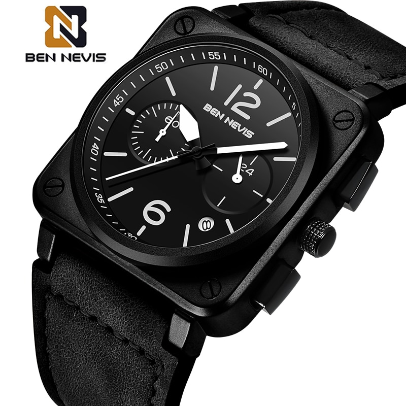 Relogio Masculino BEN NEVIS Watch Men Top Brand Chronograph Mens Watches Waterproof Leather Sport Square Quartz Watch For Men