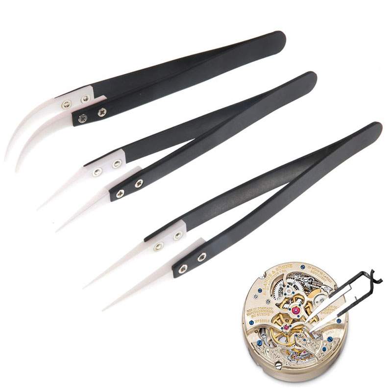 3 Pack Ceramic Straight Tip Electronic Soldering Tweezers, Anti-Static Reverse Acid Resistant Precision Chuck Ceramic Tweezers