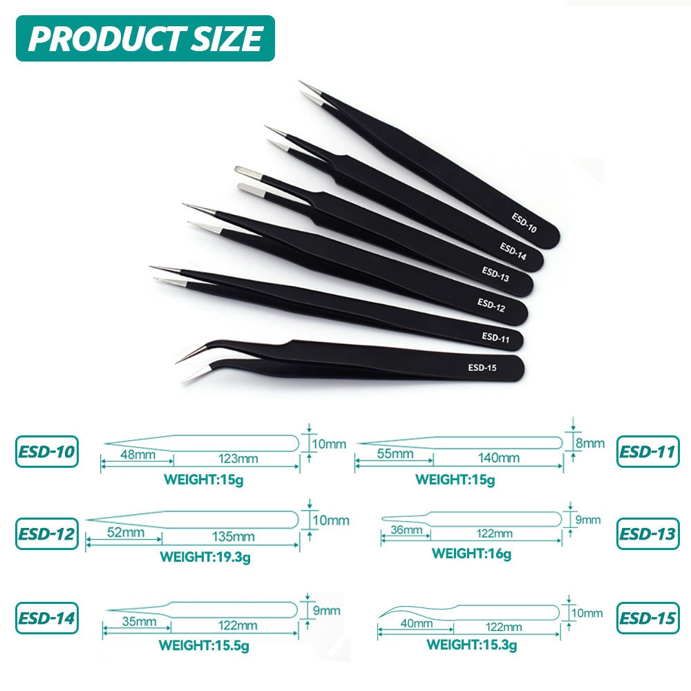 6PCS Precision Tweezers Set ESD Anti Static Stainless Steel Tweezers Repair Tools for Electronics Repair Soldering Craft