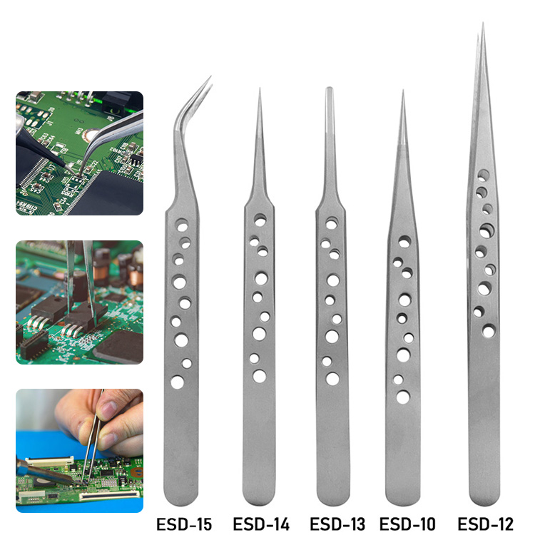 Electronic industrial tweezers precision stainless steel pliers with antistatic curved straight tip hand tool set for phone repa