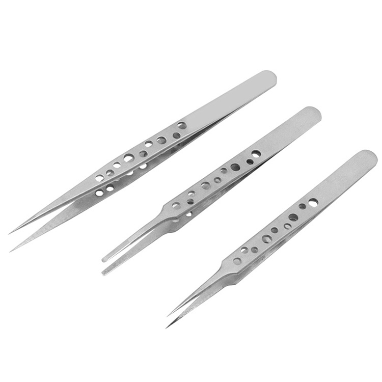 Electronic industrial tweezers precision stainless steel pliers with antistatic curved straight tip hand tool set for phone repa