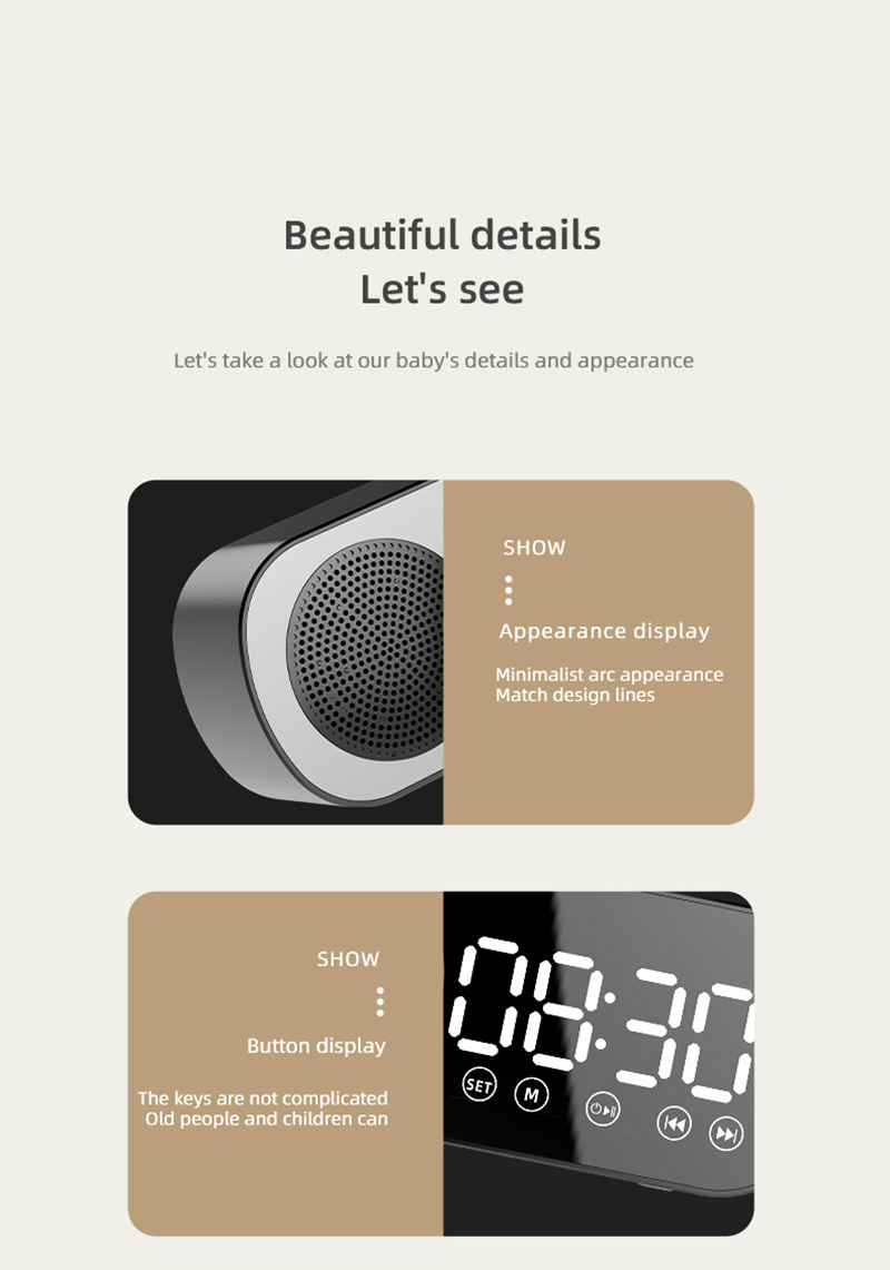 Subwoofer Speaker Wireless Mirror Alarm Clock Bluetooth-compatible 5.0 FM Radio Support TF Card Home Desktop Digital Clock