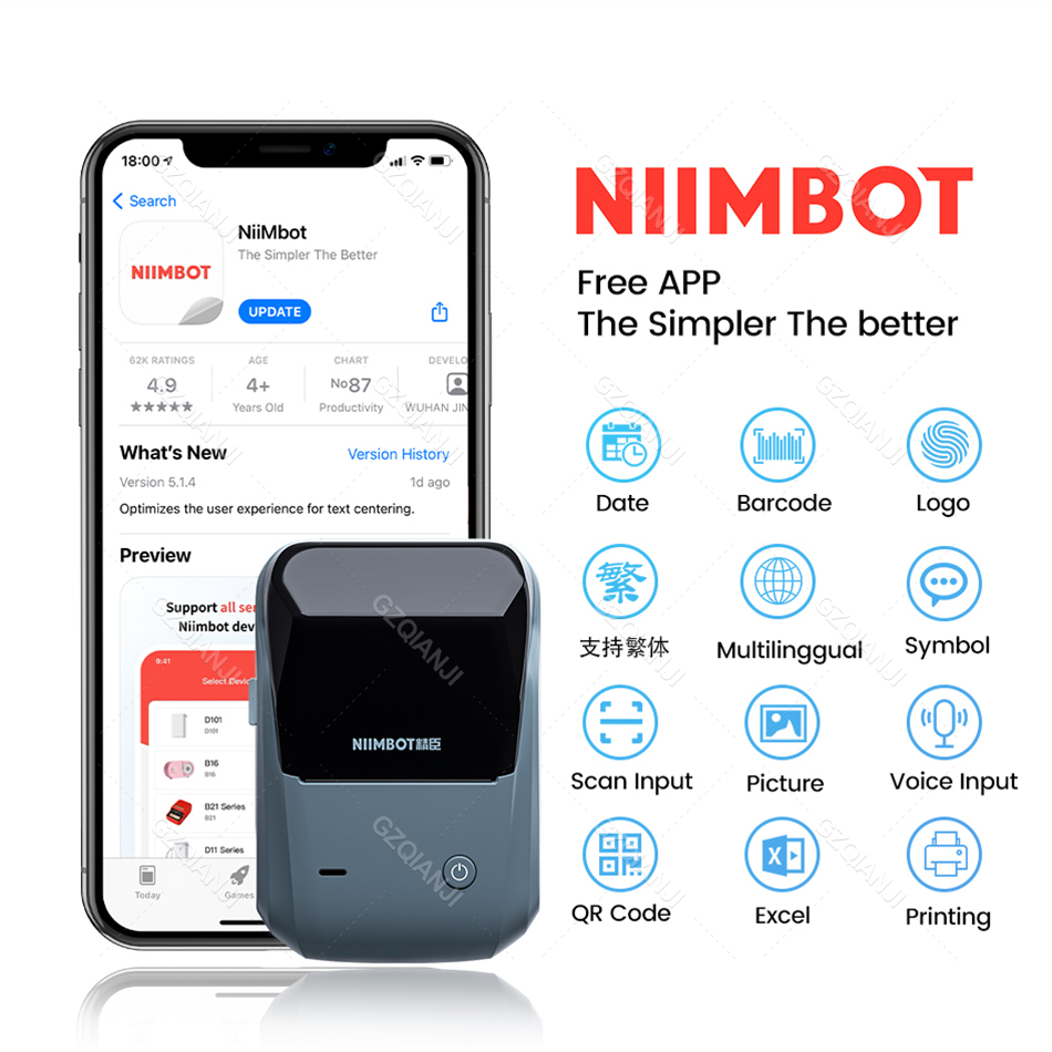 Niimbot Label Printer B1 B21 Portable Handheld Thermal Printer Mini Barcode QR Code Sticker Paper Color Rolls Maker Cable Tag