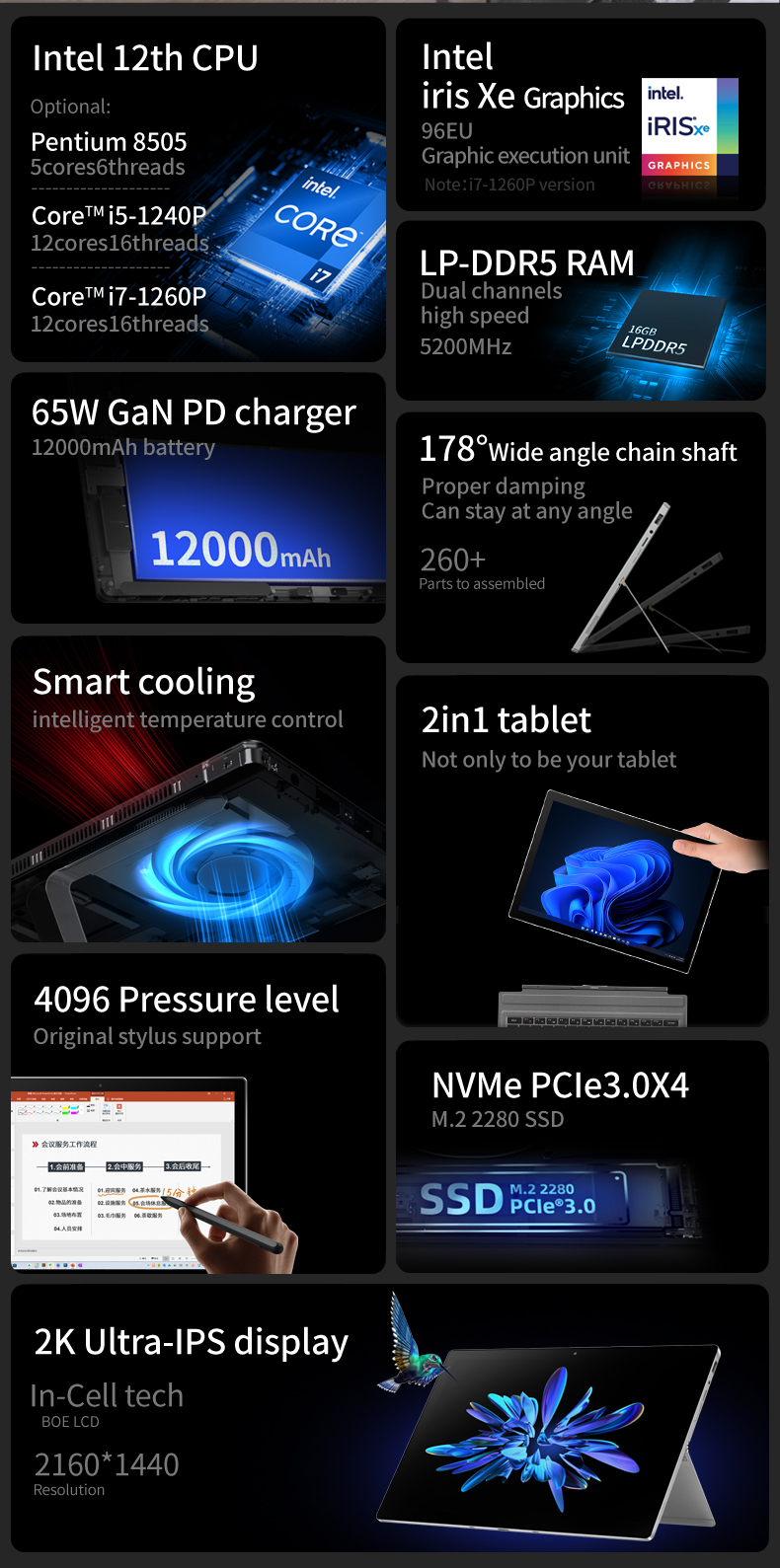 13 Inch T1 Tablet 2K IPS Intel 12th Gen i7-1260P 16GB RAM 512GB/1TB/2TB SSD Laptops Win11 Computer 12000mAh 65W Charge Notebook