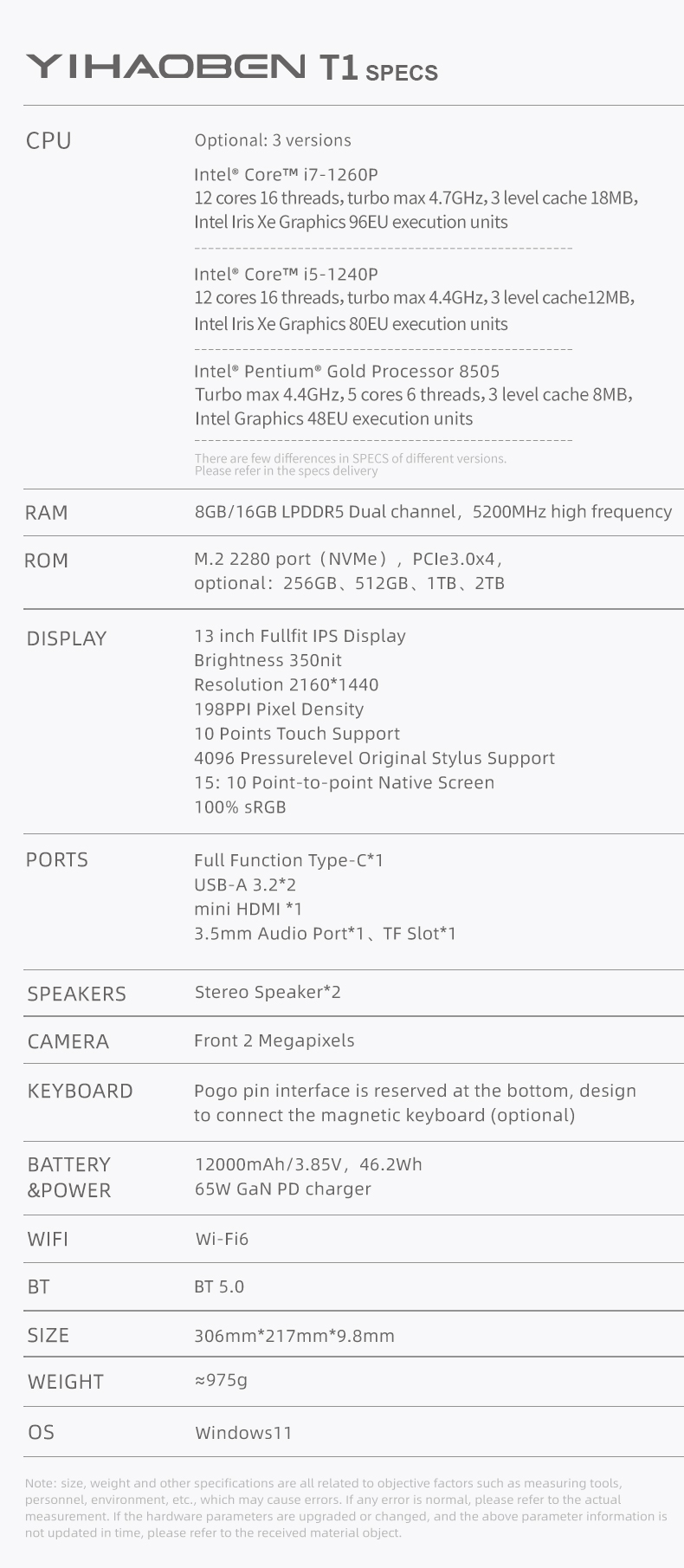 13 Inch T1 Tablet 2K IPS Intel 12th Gen i7-1260P 16GB RAM 512GB/1TB/2TB SSD Laptops Win11 Computer 12000mAh 65W Charge Notebook