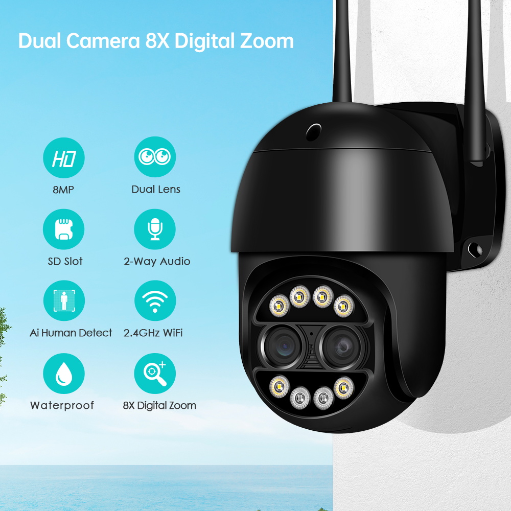 ANBIUX 8MP PTZ IP Camera 8x Zoom Dual-Lens Human Detect CCTV Camera 4MP Smart Home Outdoor Wifi Surveillance Camera ICSEE