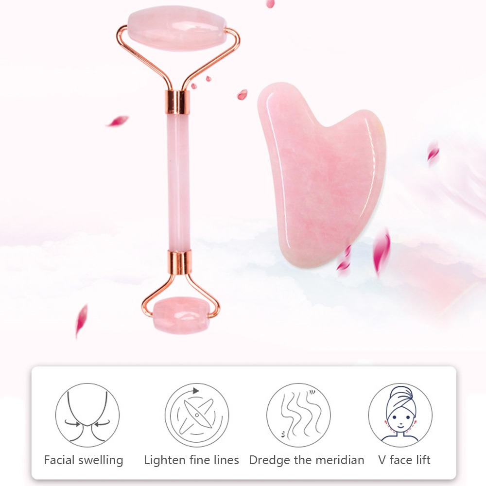 Pink Gua Sha Roller Massager Rose Scraping Facial Skin Beauty Care Resin Guasha Board for Body Scraping Face Massage Tool Set