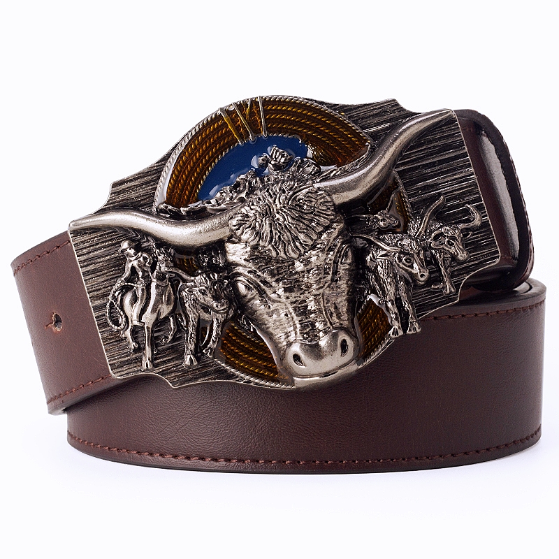 Skull Bull Ox Horn Men Leather Belt Cow Head Skeleton Western Cowboy Style Decoration Women Jeans Waistband