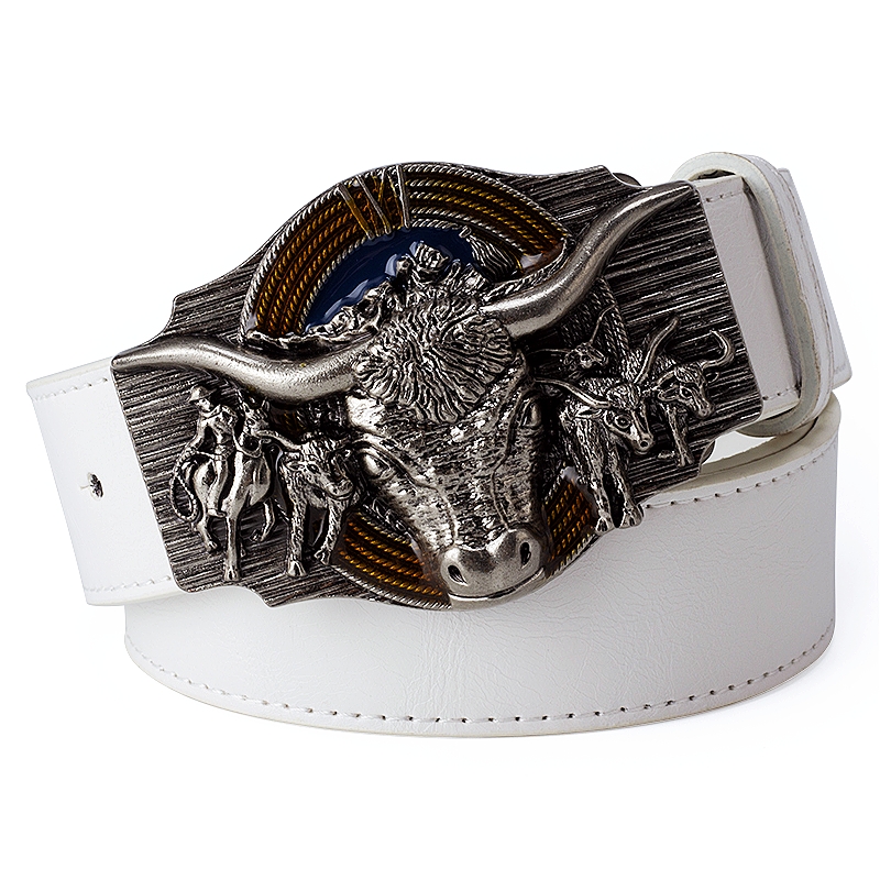 Skull Bull Ox Horn Men Leather Belt Cow Head Skeleton Western Cowboy Style Decoration Women Jeans Waistband