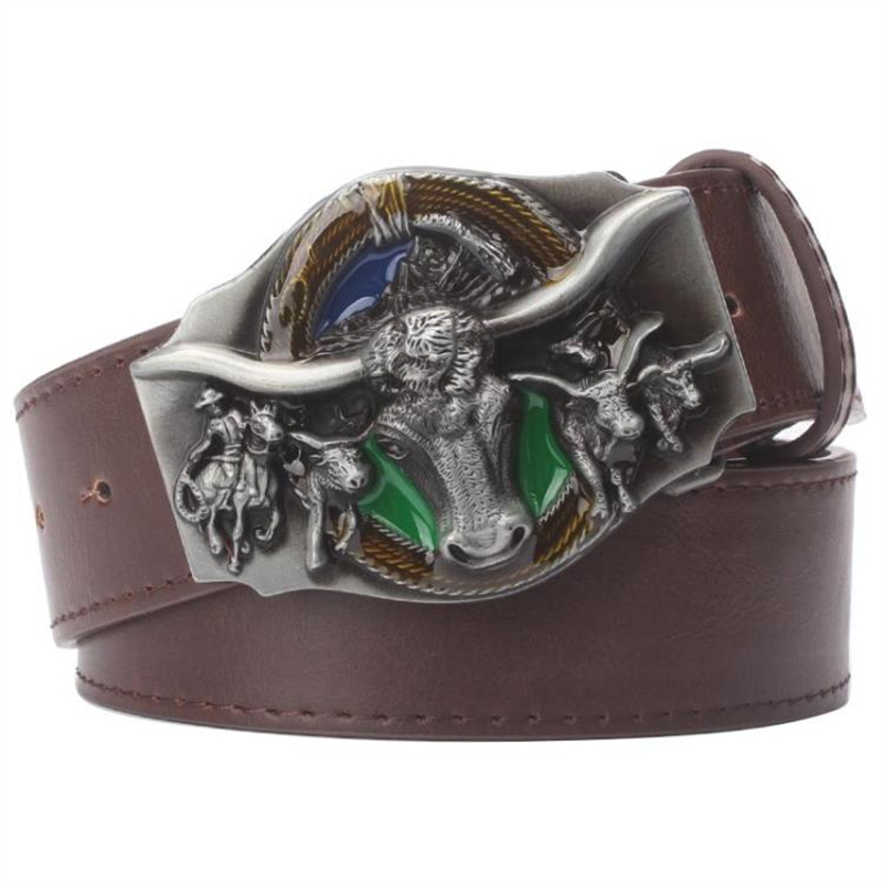 Skull Bull Ox Horn Men Leather Belt Cow Head Skeleton Western Cowboy Style Decoration Women Jeans Waistband