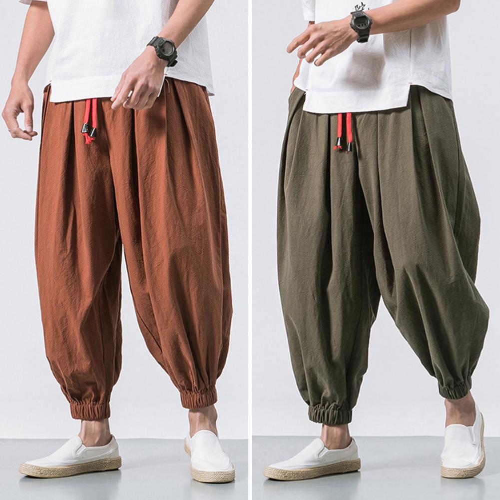 Men Summer Trousers Ankle-banded Drawstring Pants Ankle Length Men Harem Pants